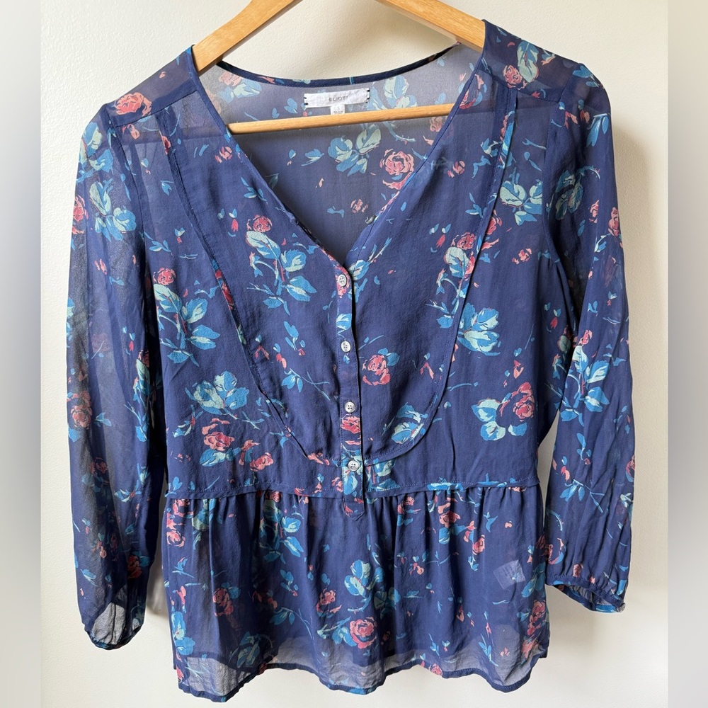 ELIOT Silk Floral Blouse Top Peplum Cottagecore‎ Sheer Coquette Popover S